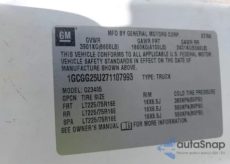 2007 Chevrolet Express Work Van from USA, damaged, VIN 1GCGG25U271107993